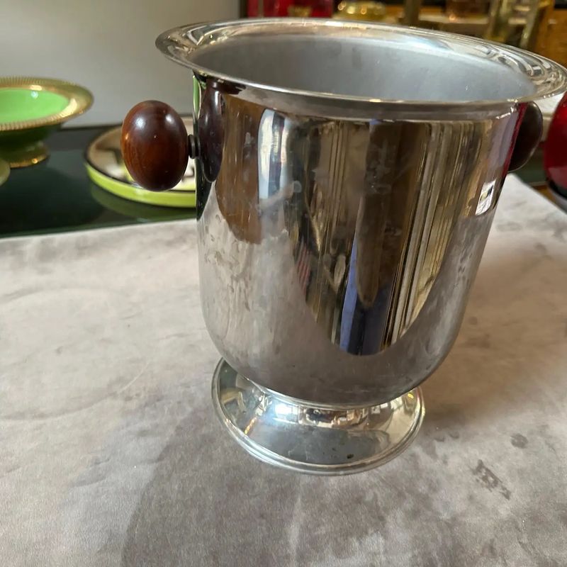 1970s Modern Silver Plated Metal Body and Wood Handles Italian Wine Cooler