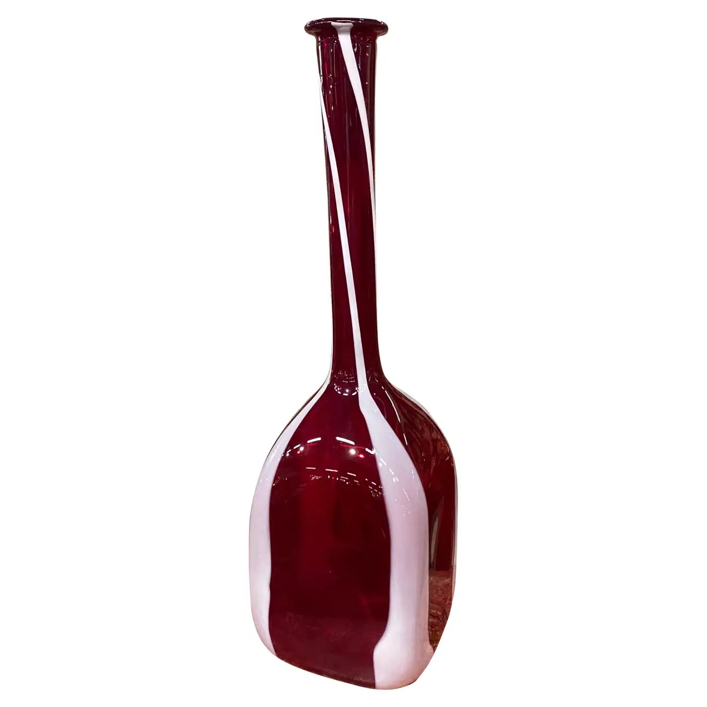 1980s Modernist Red and White Tall Murano Glass Bottle Vase by Carlo Moretti