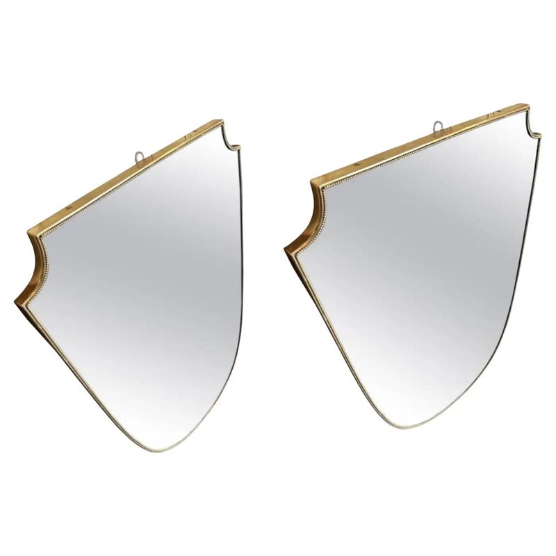 Two 1960s Gio Ponti Style Mid-Century Modern Brass Italian Shield Wall MIrrors