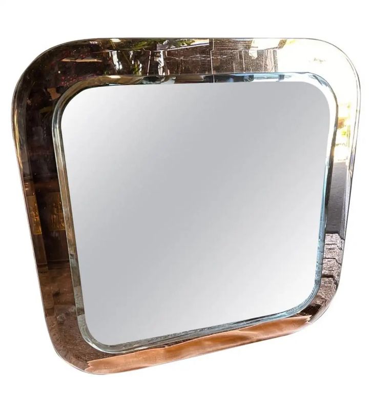 1970s Space Age Pink and Clear Glass Square Wall Mirror by Lupi Cristal Luxor