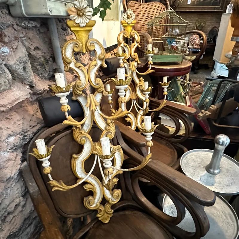1970s Baroque Style Lacquered Wood and Iron Florentine Big Wall Sconces