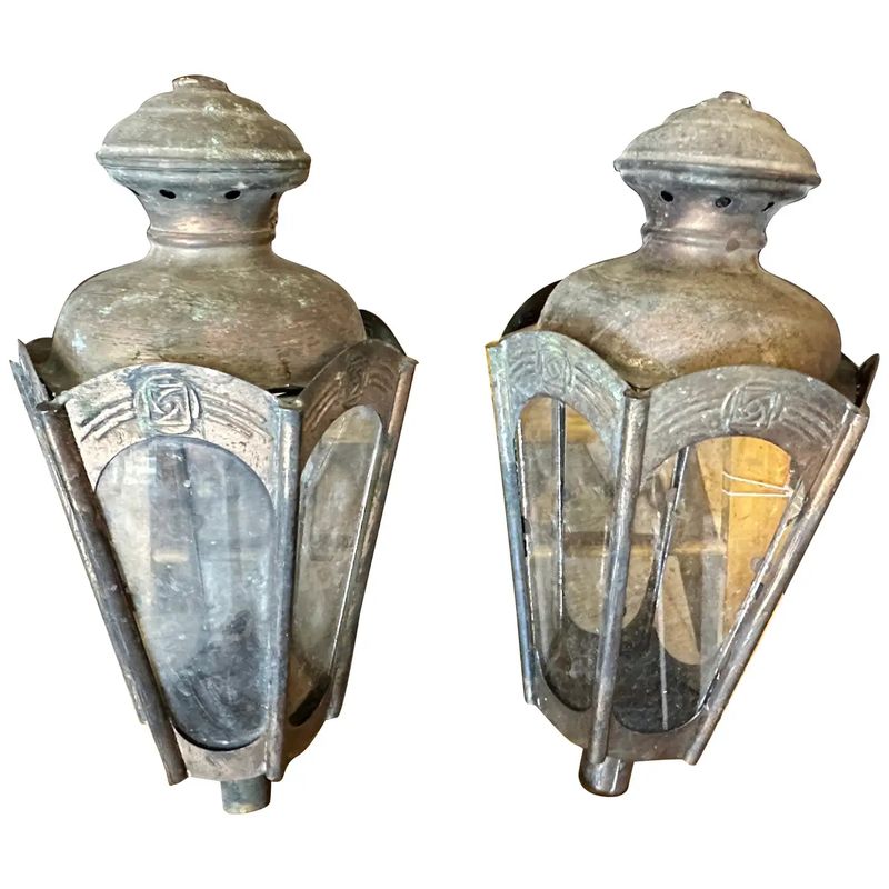 Two 1900s Art Nouveau Copper Italian Procession Candle Lamps