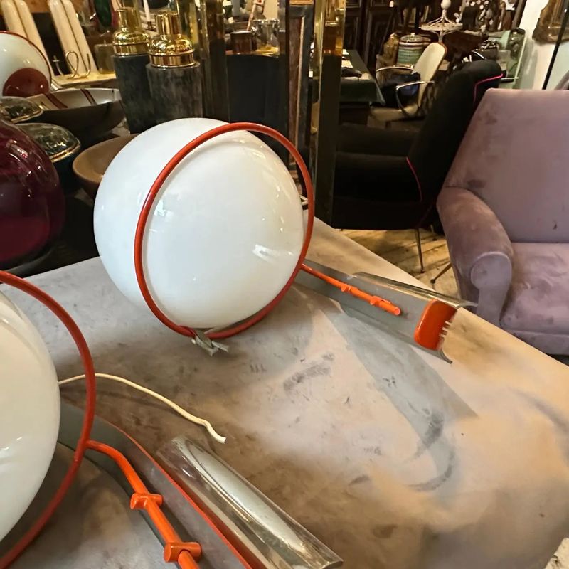1970s Space Age Orange Metal and White Opaline Italian Wall Sconces