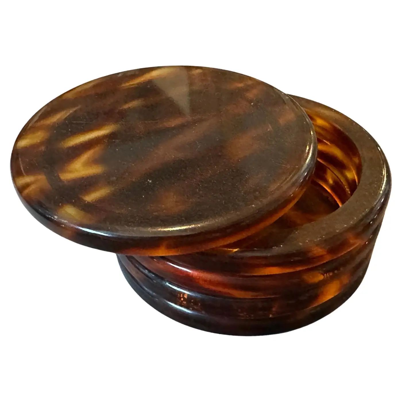 1970s Mid-Century Modern Fake Tortoise Shell Lucite Round Jewelry Box