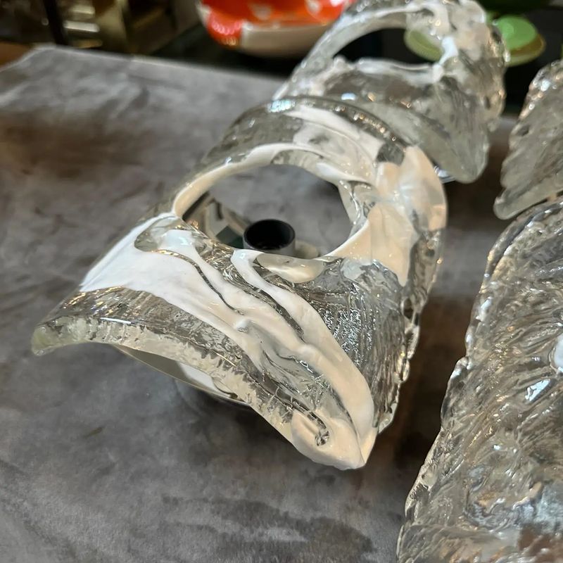 1970s Spage Age Clear and White Murano Glass and Steel Wall Sconces by Mazzega