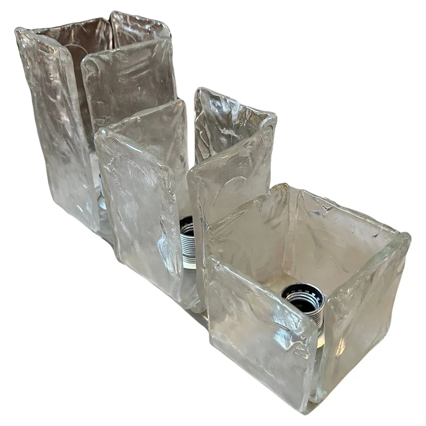 1970s Space Age Iced Murano Glass and Steel Lighting Fixtures by Toso