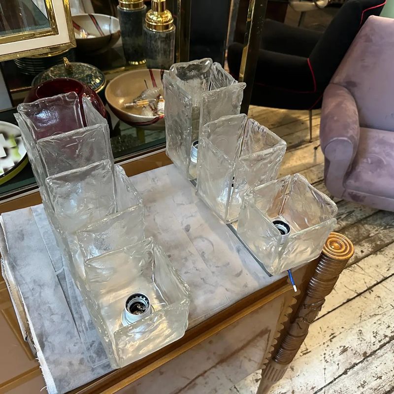 1970s Space Age Iced Murano Glass and Steel Lighting Fixtures by Toso