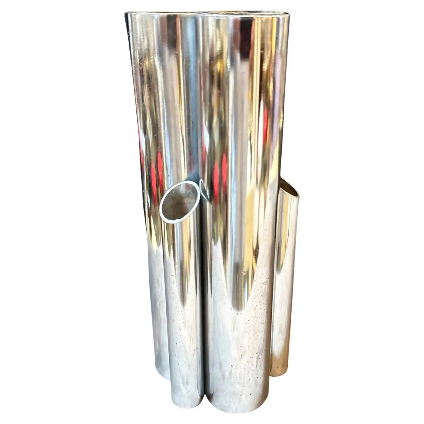 1960s Gio Ponti Style Minimalist Chromed Metal Multiple Cylinder Vase