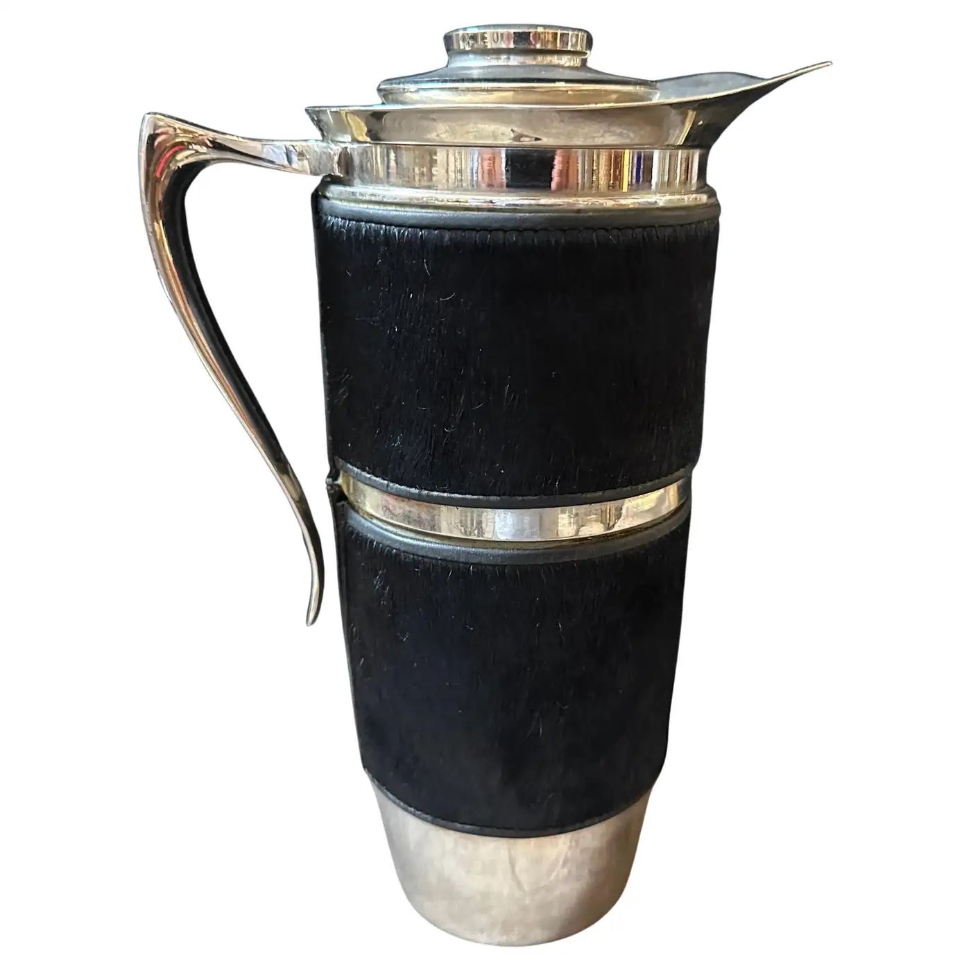 1980s Modernist Black Cavallino and Silver Plated Italian Thermos Carafe