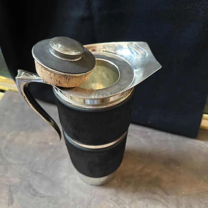 1980s Modernist Black Cavallino and Silver Plated Italian Thermos Carafe