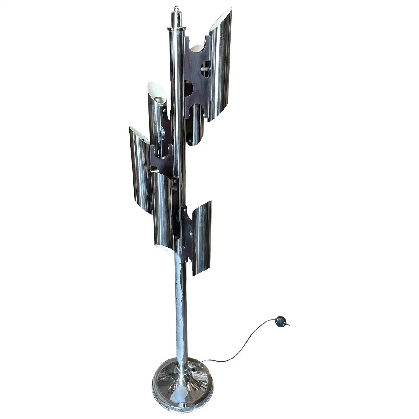 1970s Sciolari Style Space Age Chromed Metal and Black Wood Italian Floor Lamp