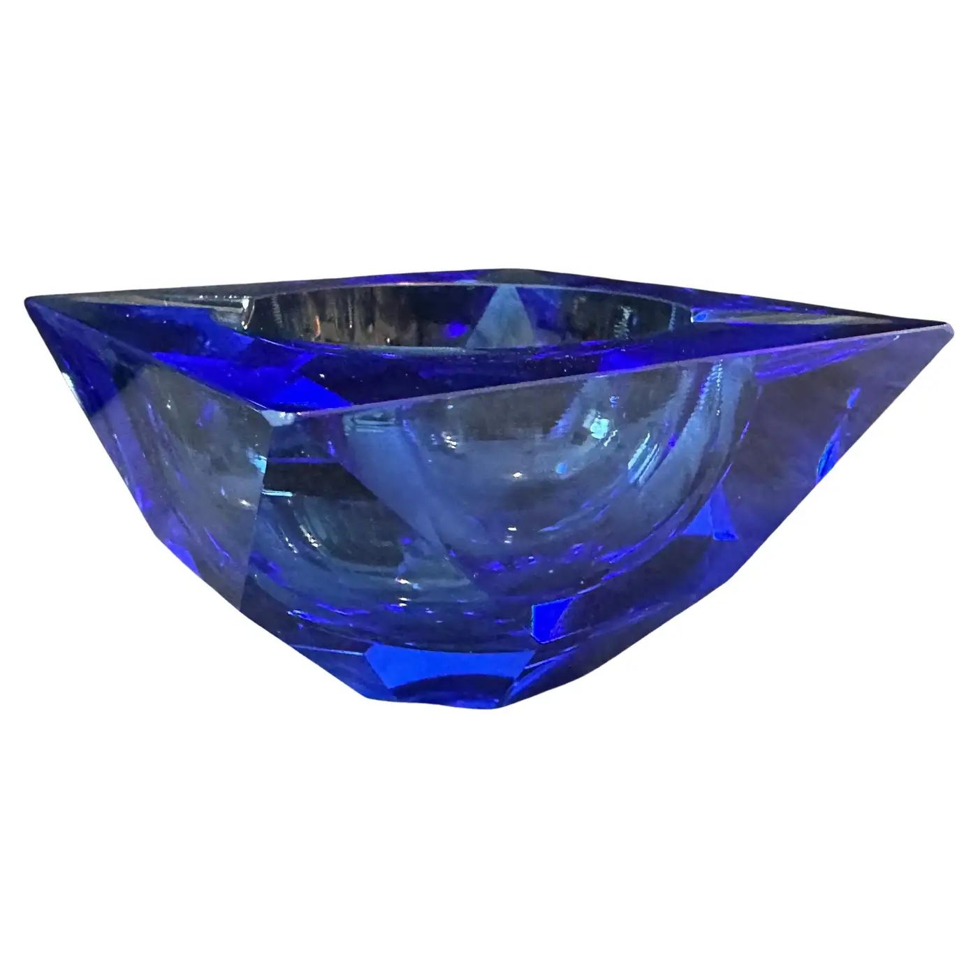 1980s Seguso Style Modern Faceted Blue Murano Glass Ashtray