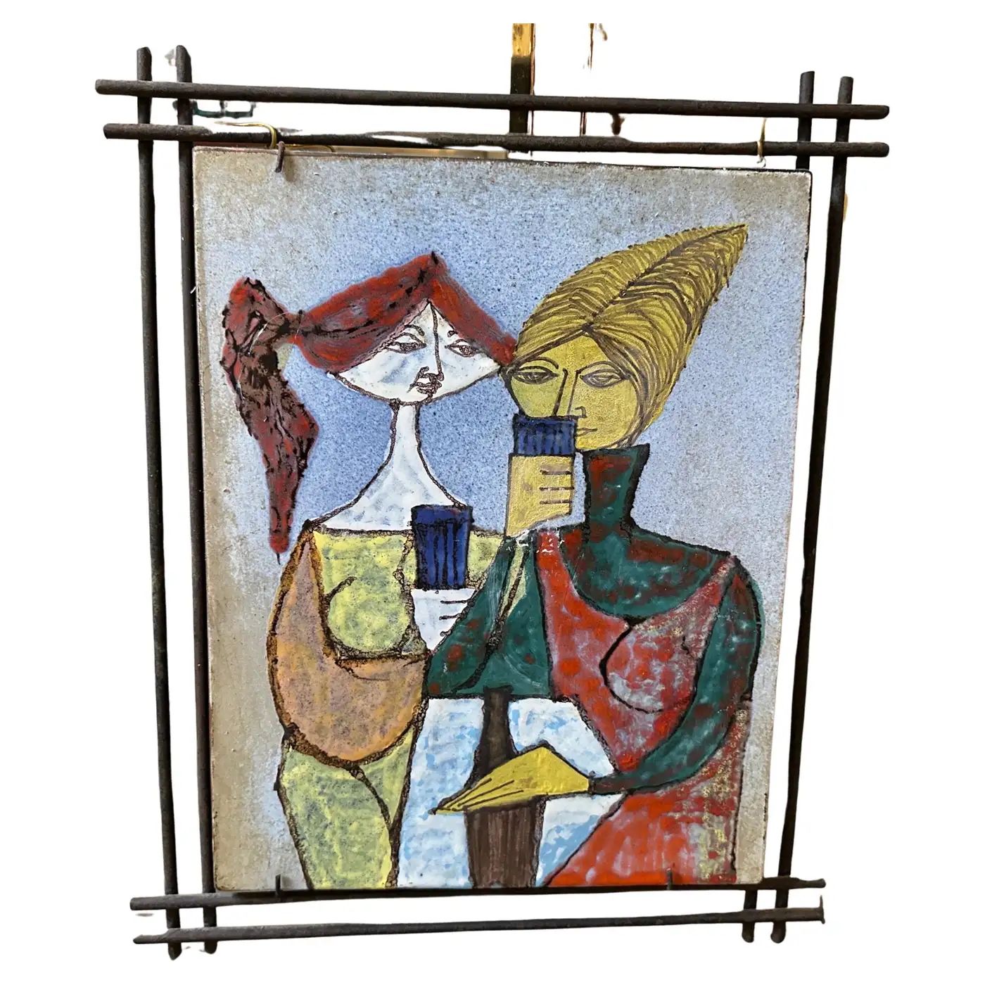 1950s Mid-Century Modern Iron Framed Hand Painted Ceramic Italian Plaque