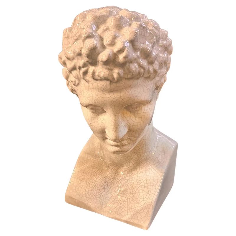 1950s Neoclassical White Crackled Ceramic Italian Bust of Antinoo
