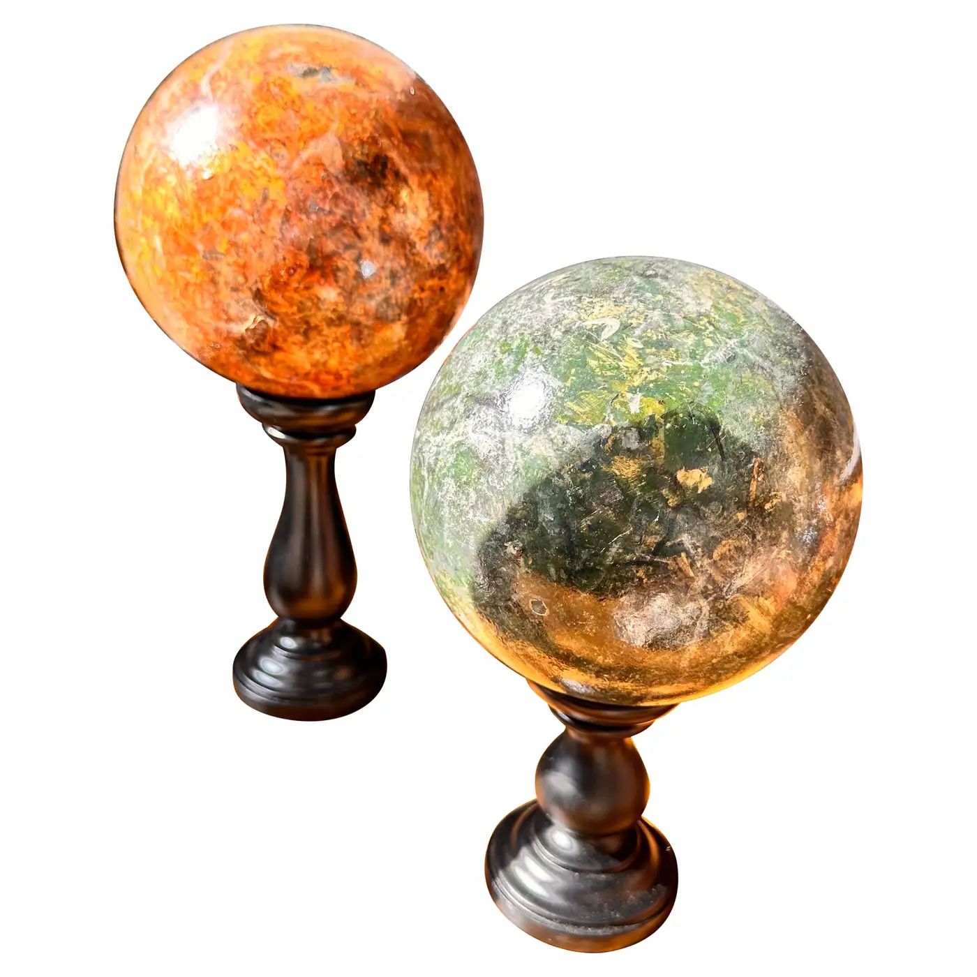 Two 1930s Art Deco Italian Fake Marble Painted Wood Spheres on Black Stand