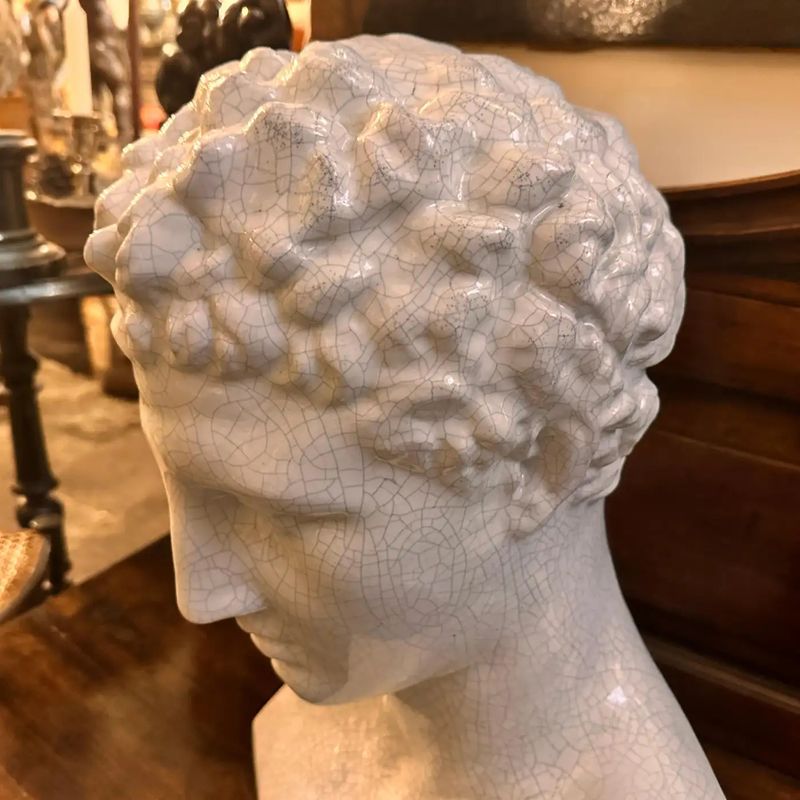 1950s Neoclassical White Crackled Ceramic Italian Bust of Antinoo