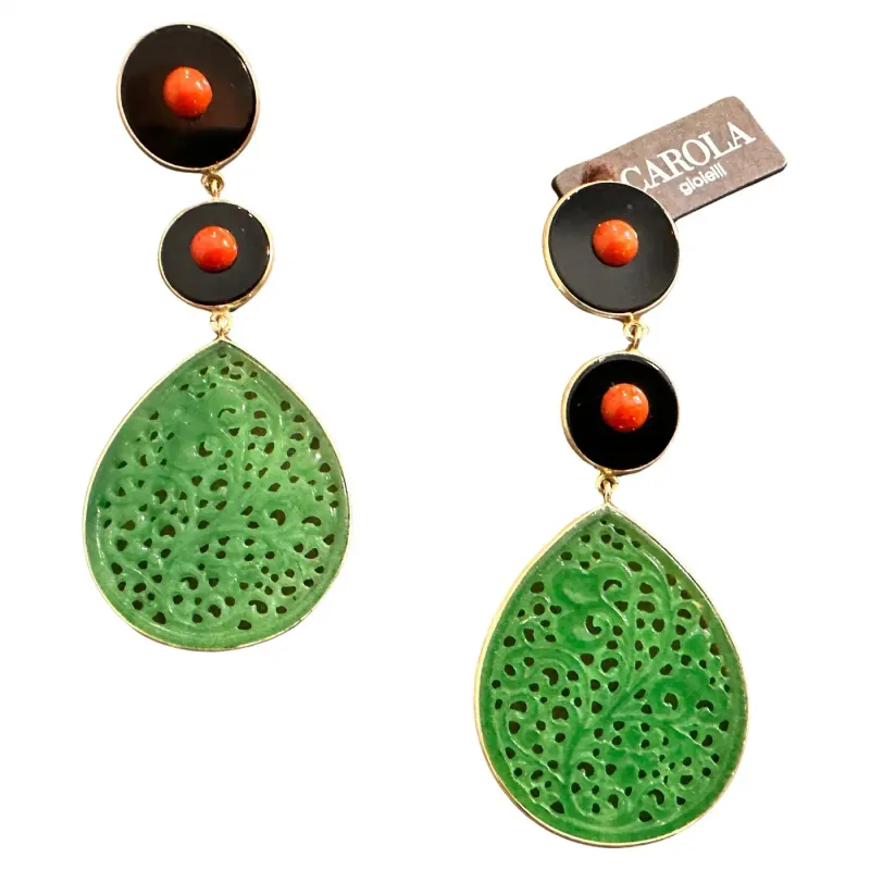 Green Jade Teardrop Earrings with Onyx and Coral Accents by Carola Gioielli