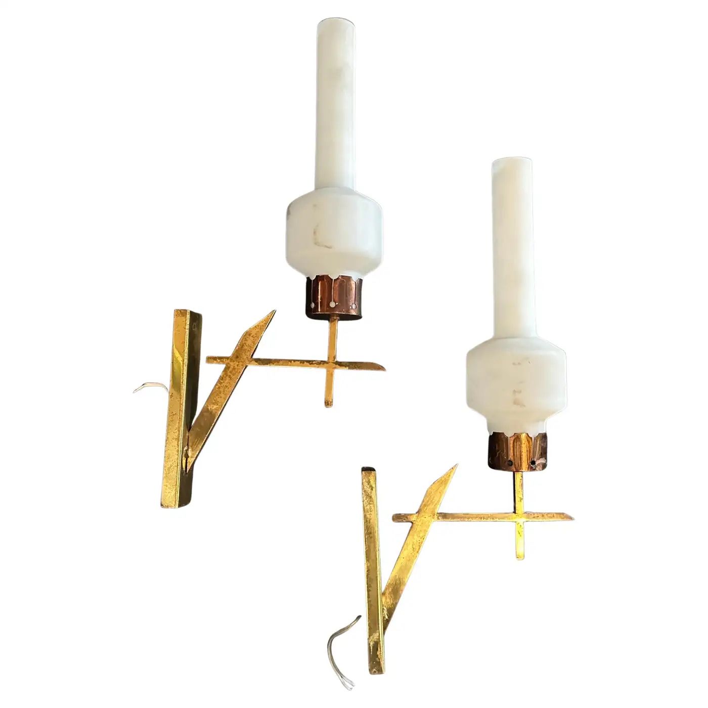 Two 1950s Stilnovo Style Mid-Century Modern Brass and Glass Italian Wall Sconces