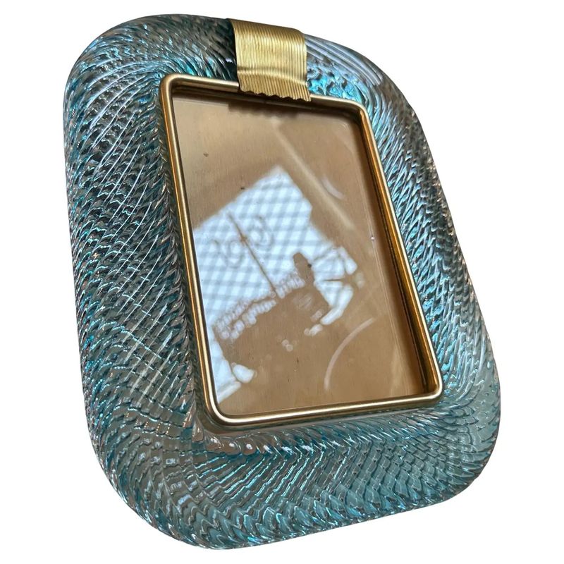1990s Barovier Style Art Deco Turquoise Murano Glass and Brass Picture Frame