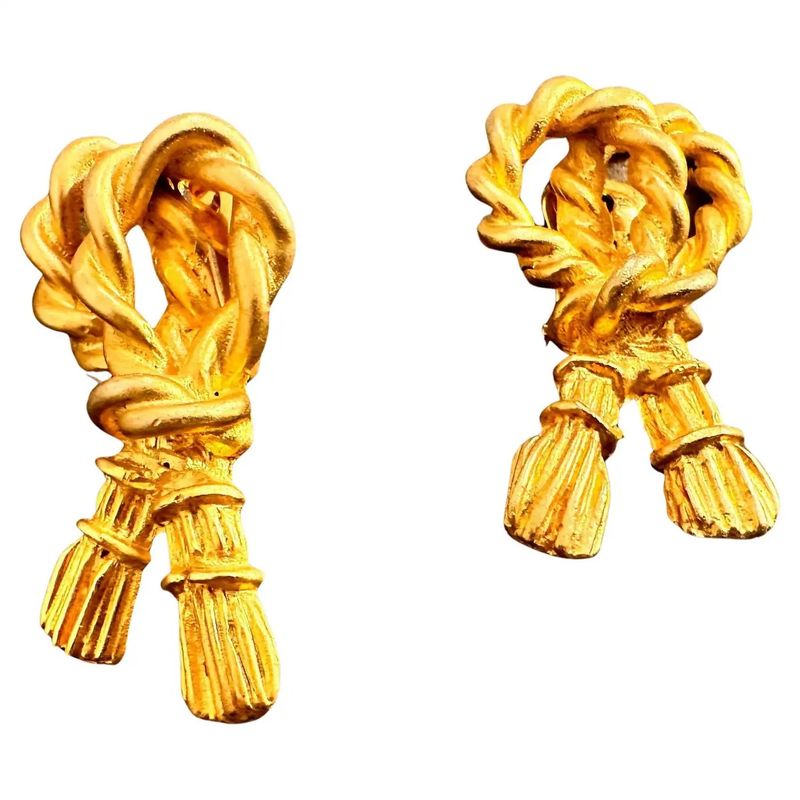 Vintage 1980s Gold-Tone Knot and Tassel Statement Earrings