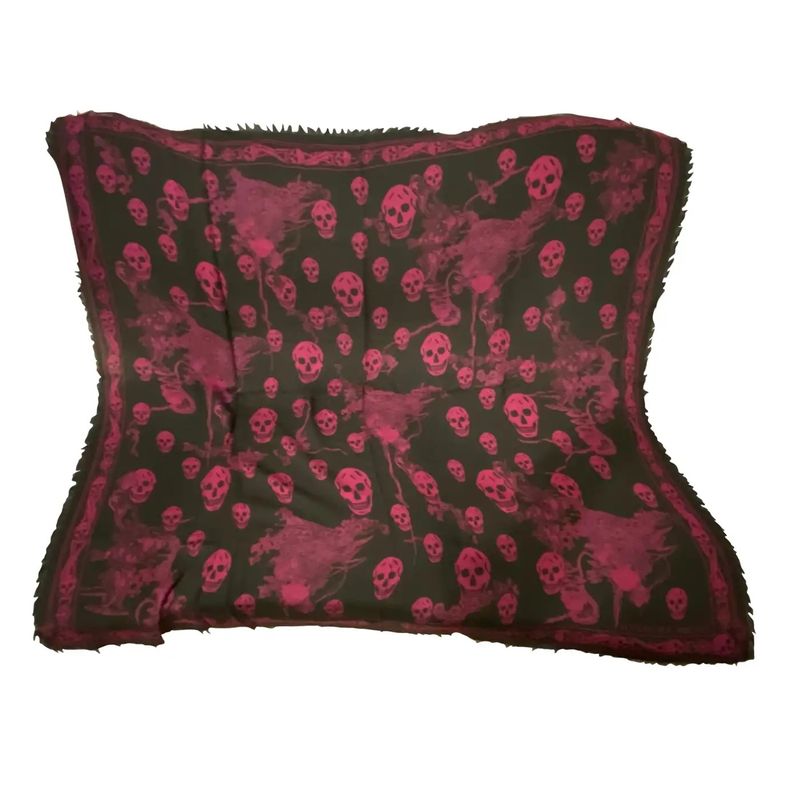An Iconic Alexander McQueen Black and Pink Skulls Silk Scarf