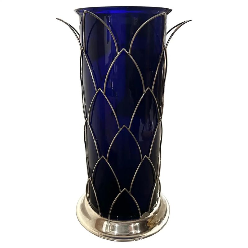1980s Modernist Sterling Silver and Blue Murano Glass Vase by Cleto Munari