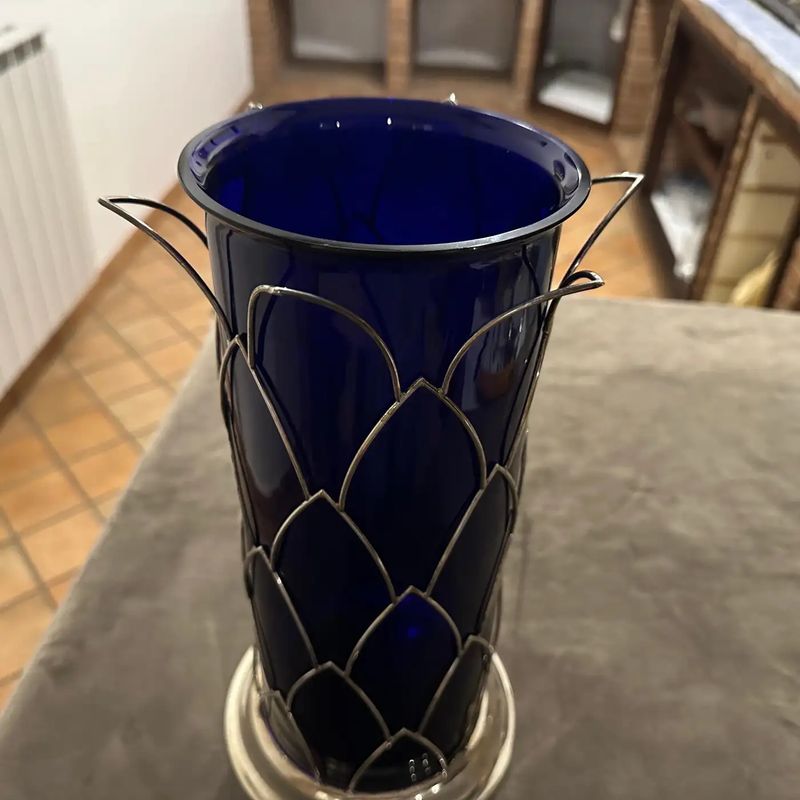 1980s Modernist Sterling Silver and Blue Murano Glass Vase by Cleto Munari