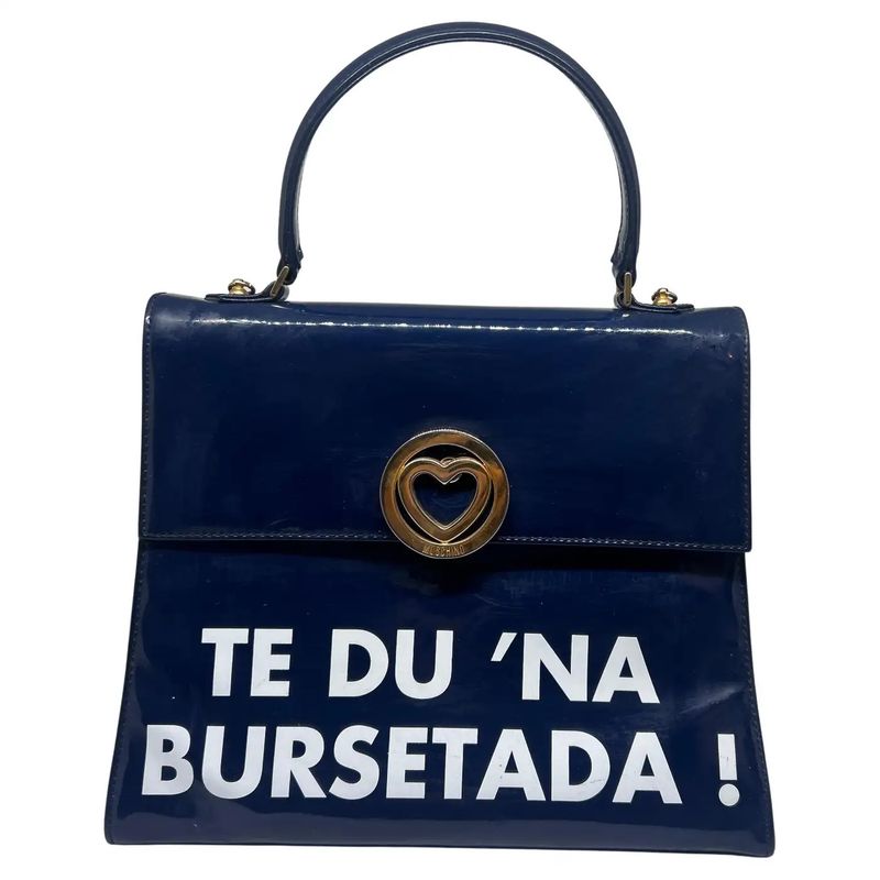 A 1980s Iconic Blue and White Handbag by Franco Moschino " Te du na bursetada! "