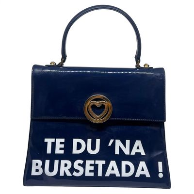 A 1980s Iconic Blue and White Handbag by Franco Moschino " Te du na bursetada! "
