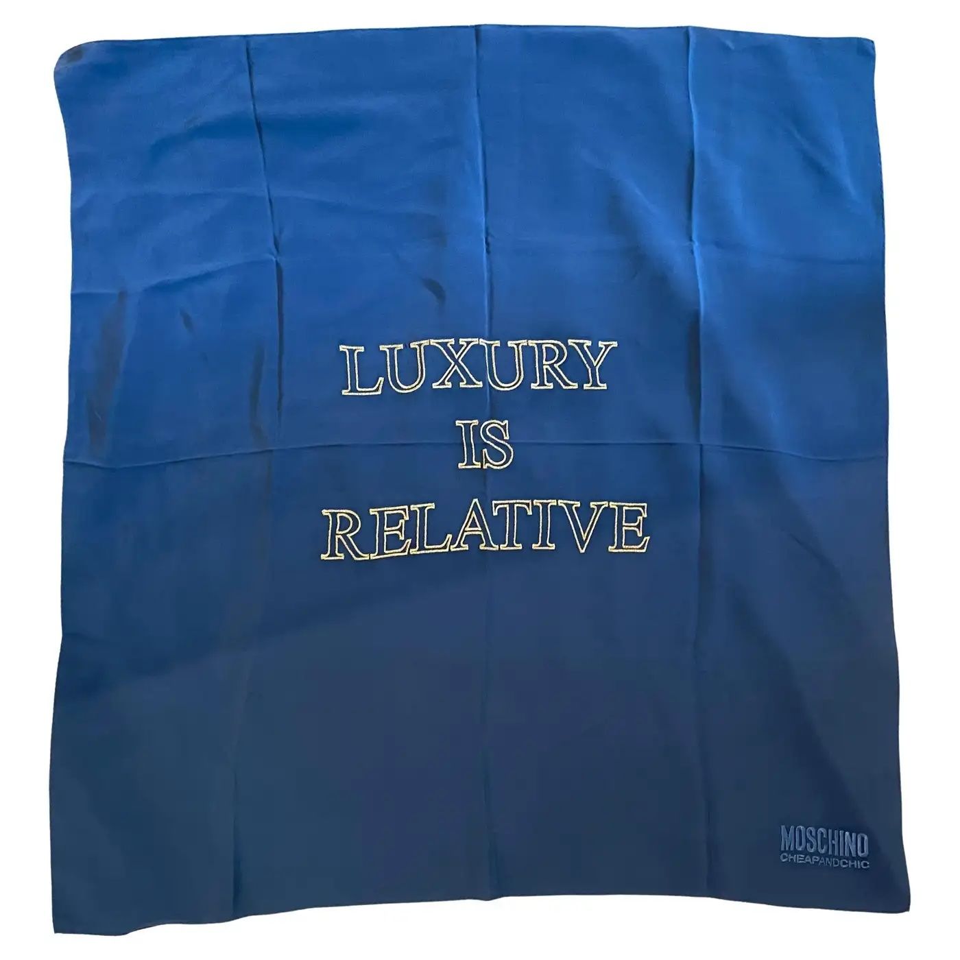 1980s Vintage Luxury is Relative Blue and Gold Silk Italian Foulard by Moschino