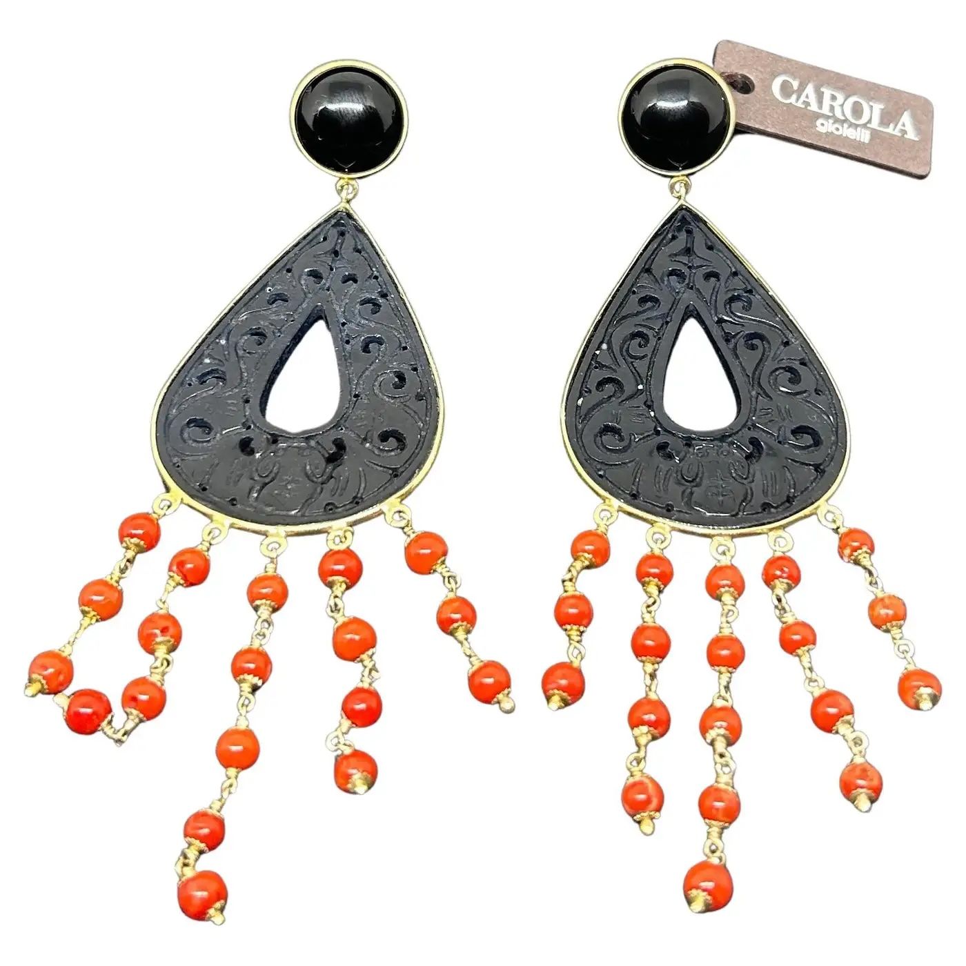 21st Century Mediterranean Coral and Onyx Chandelier Earrings by Carola