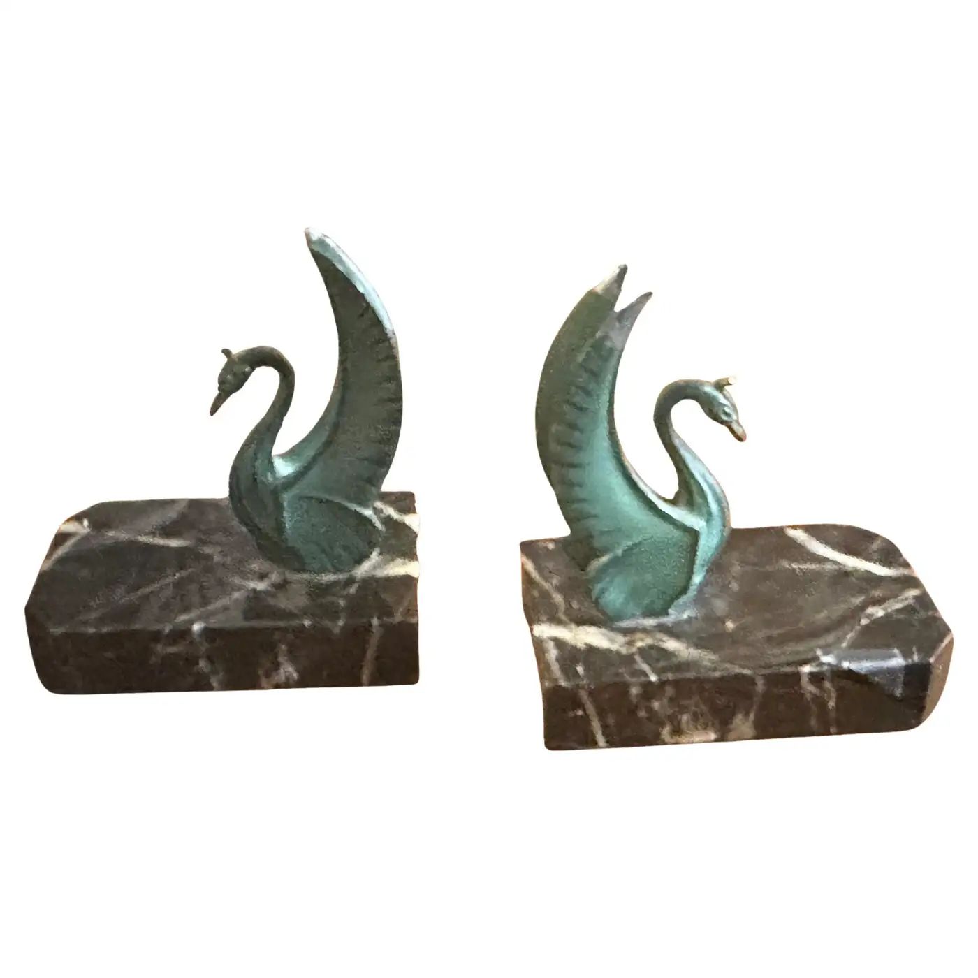 1930s Art Deco Marble and Green Metal French Swan Bookends