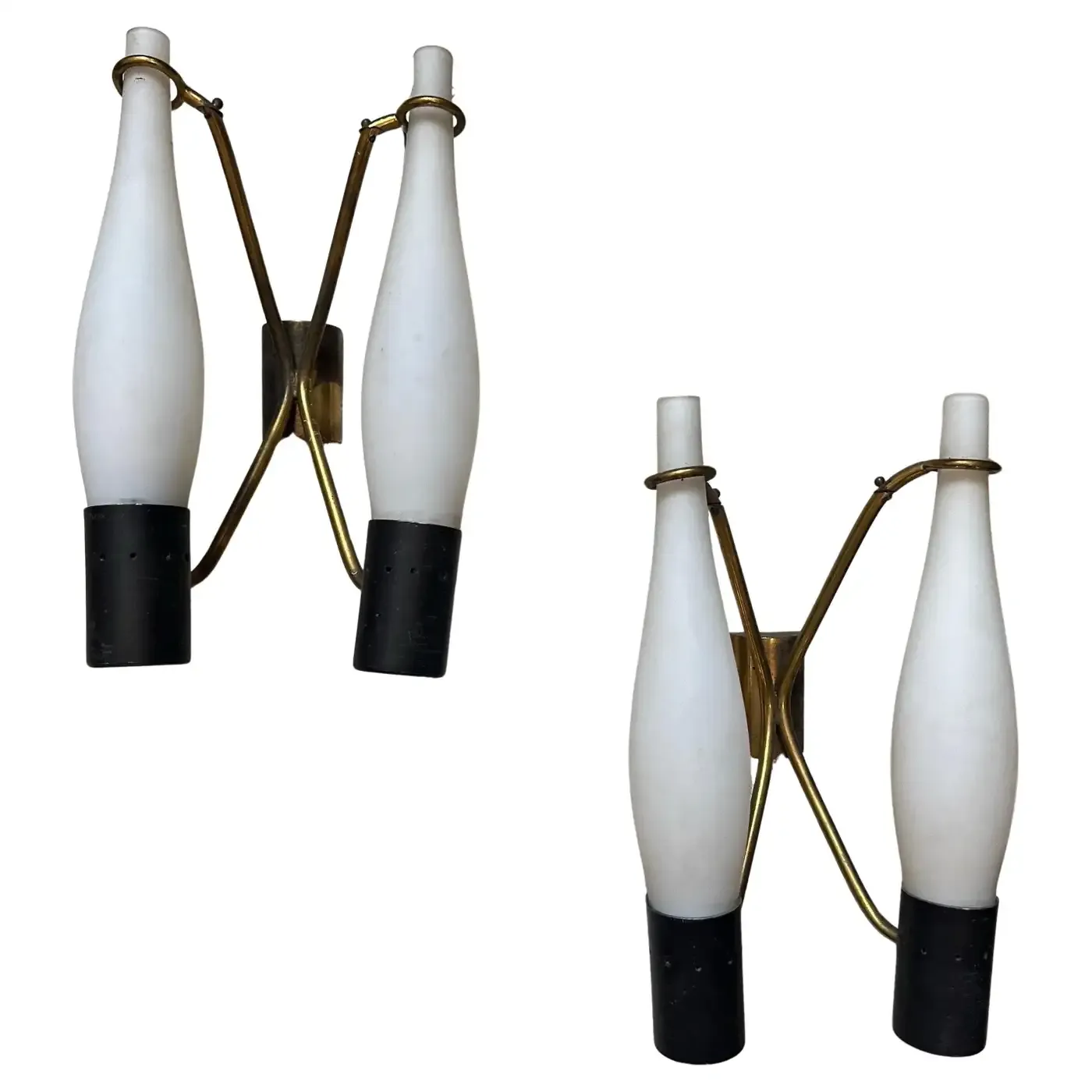 Two 1950s Stilnovo Style Mid-Century Modern Brass and Glass Wall Sconces