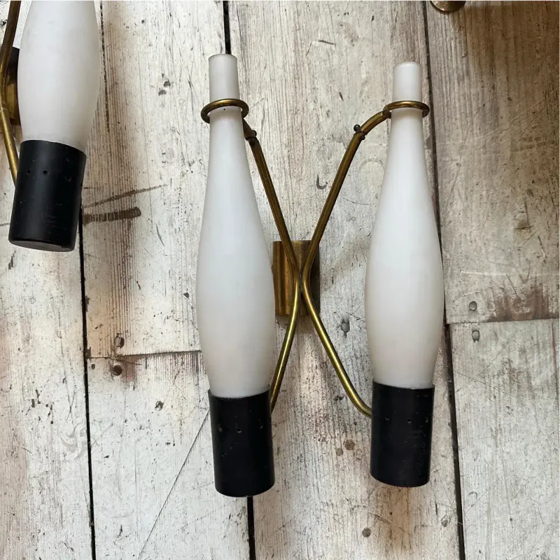 Two 1950s Stilnovo Style Mid-Century Modern Brass and Glass Wall Sconces
