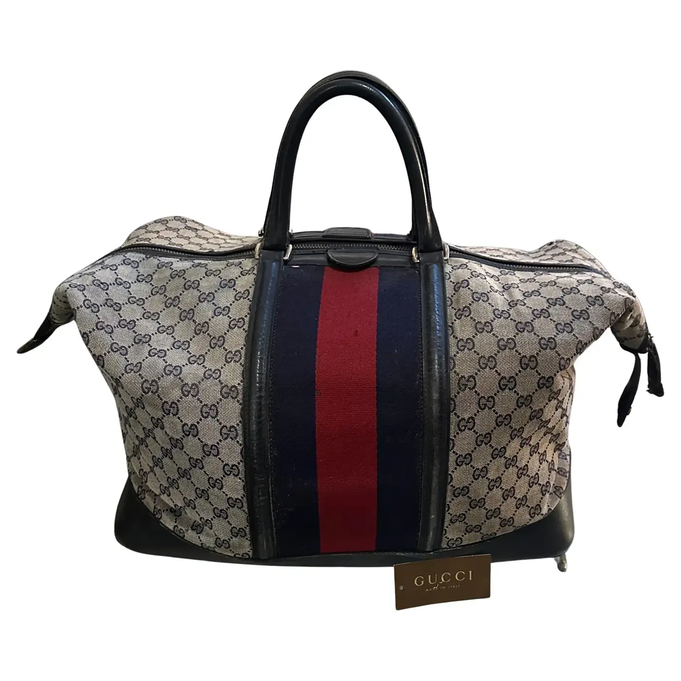 An Iconic 1980s Gucci Monogram Travel Bag with Signature Red and Blue Web Stripe