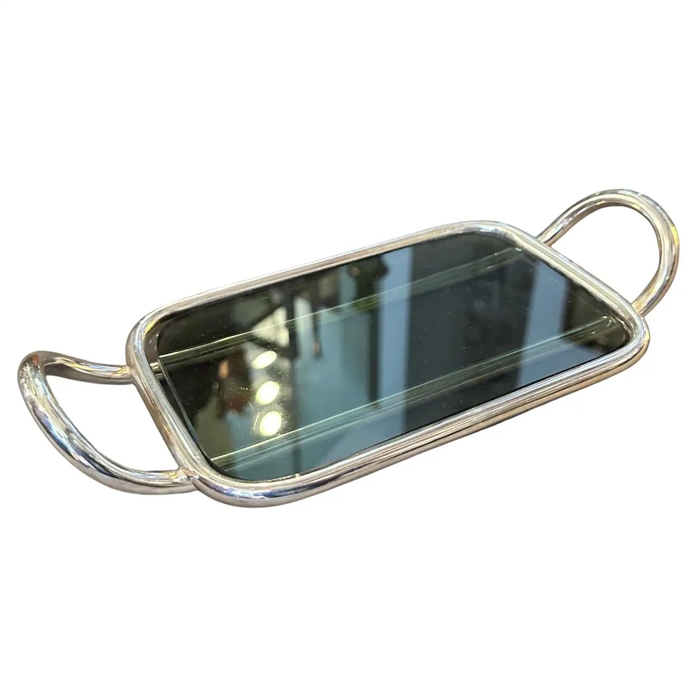 1990s Modernist Lino Sabattini Silver Plated and Dark Grey Glass Butter Tray