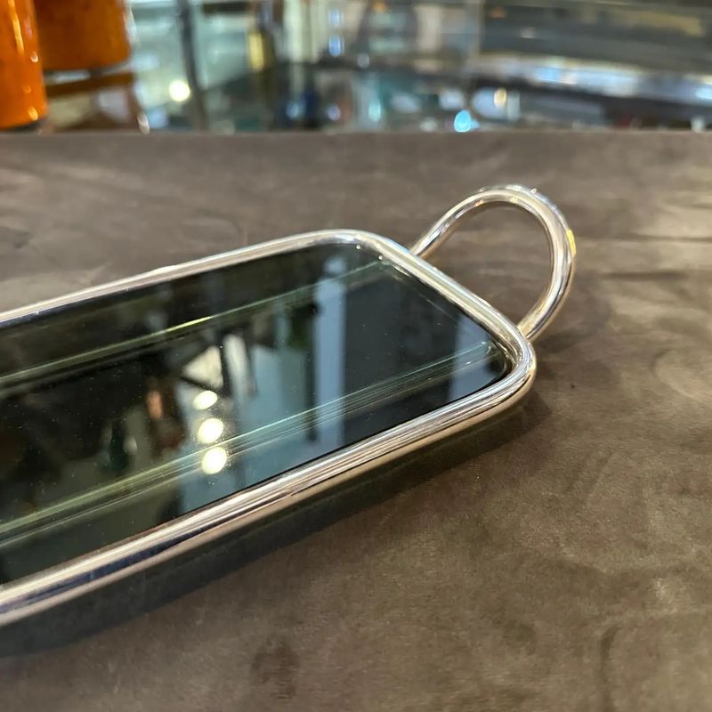 1990s Modernist Lino Sabattini Silver Plated and Dark Grey Glass Butter Tray