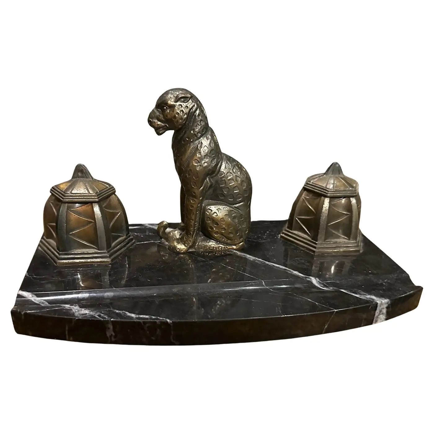1920s Art Deco Black and White Marble and Metal French Inkwell