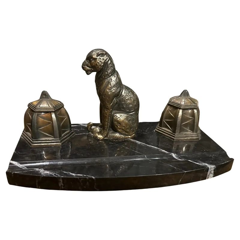 1920s Art Deco Black and White Marble and Metal French Inkwell