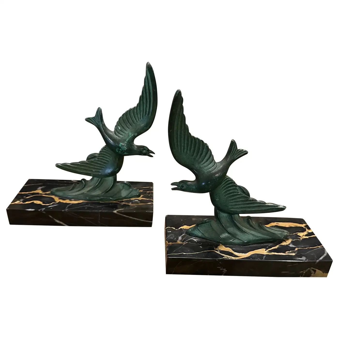 1930s Art Deco Marble and Green Metal French Birds Bookends