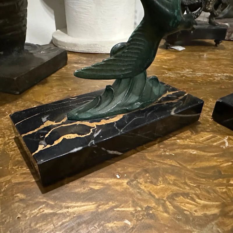 1930s Art Deco Marble and Green Metal French Birds Bookends