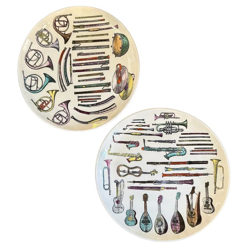Two 1960s Mid-Century Modern Musical Instruments Plates by Piero Fornasetti
