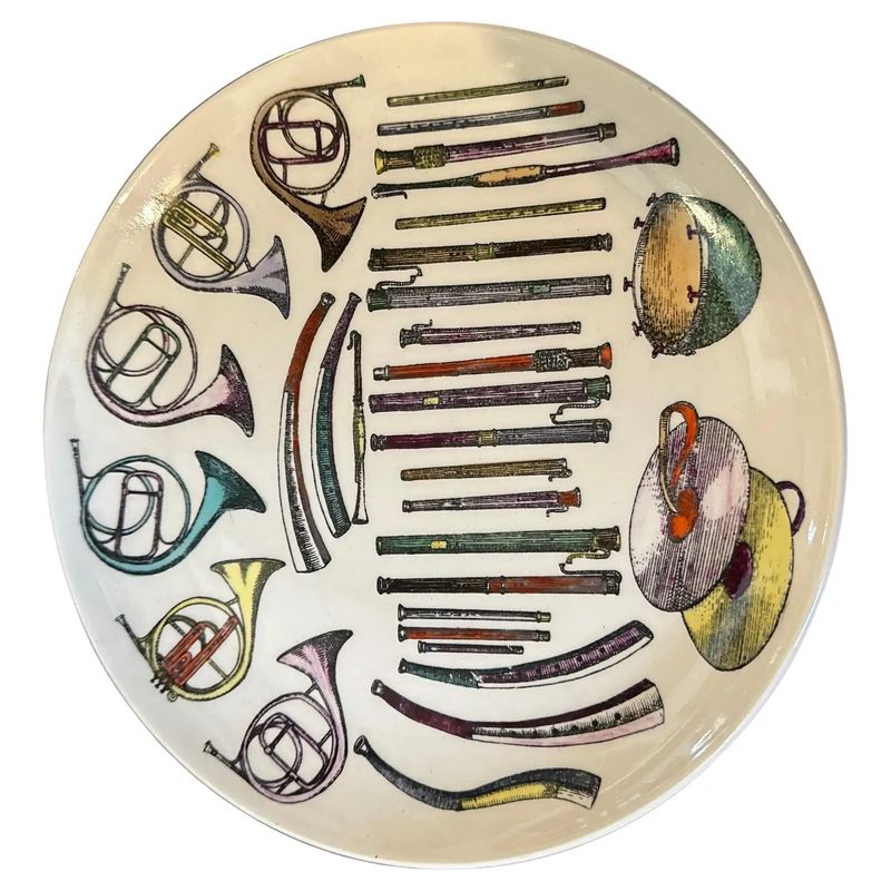 Two 1960s Mid-Century Modern Musical Instruments Plates by Piero Fornasetti