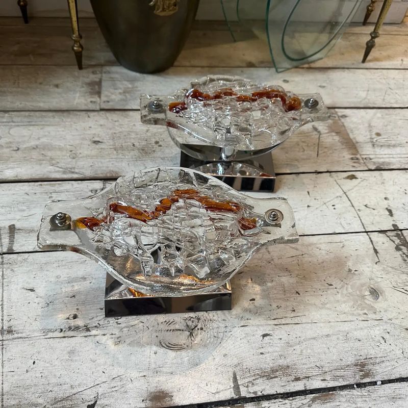Set of Two 1970s Space Age Clear and Brown Murano Glass Wall Sconces by Mazzega