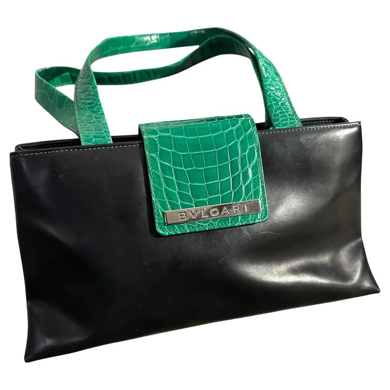 2000s Bulgari Black and Green Leather Shoulder Bag