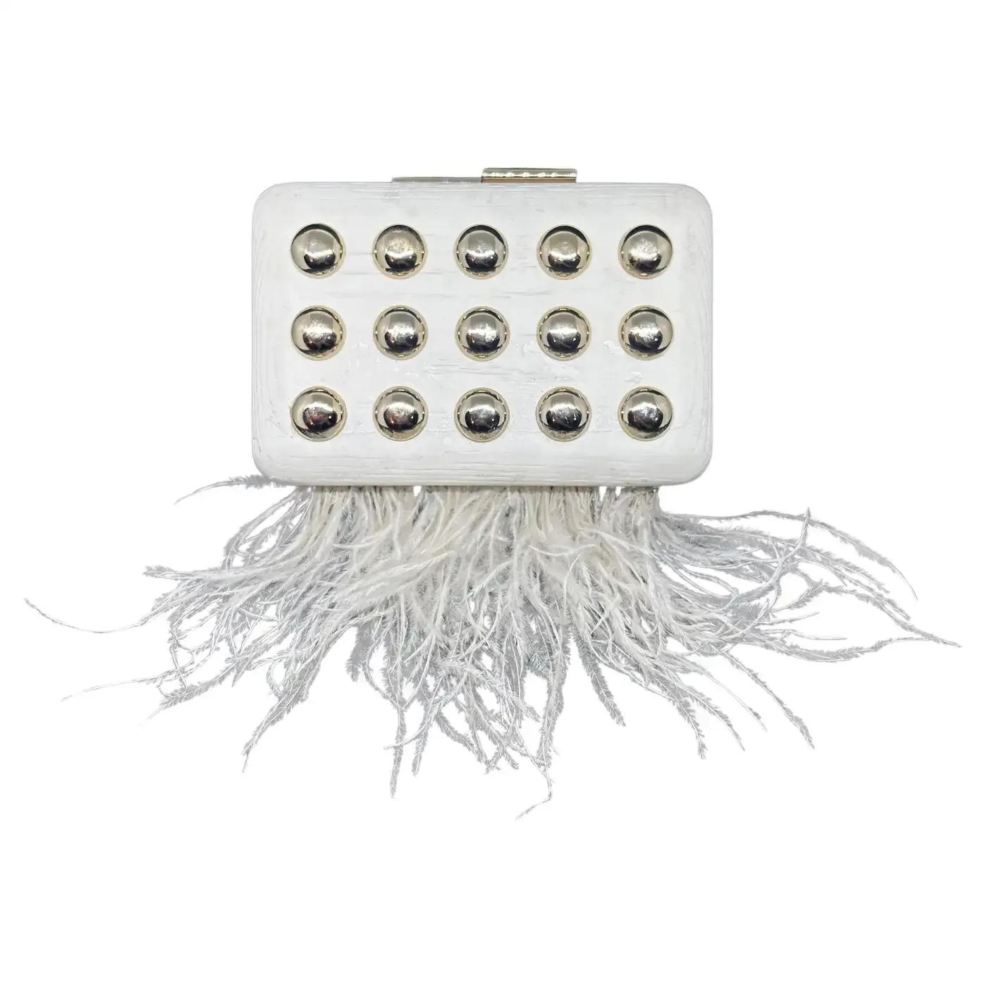 Elegant White Wooden Clutch Bag with Feathers and Studs Made by Laurafed