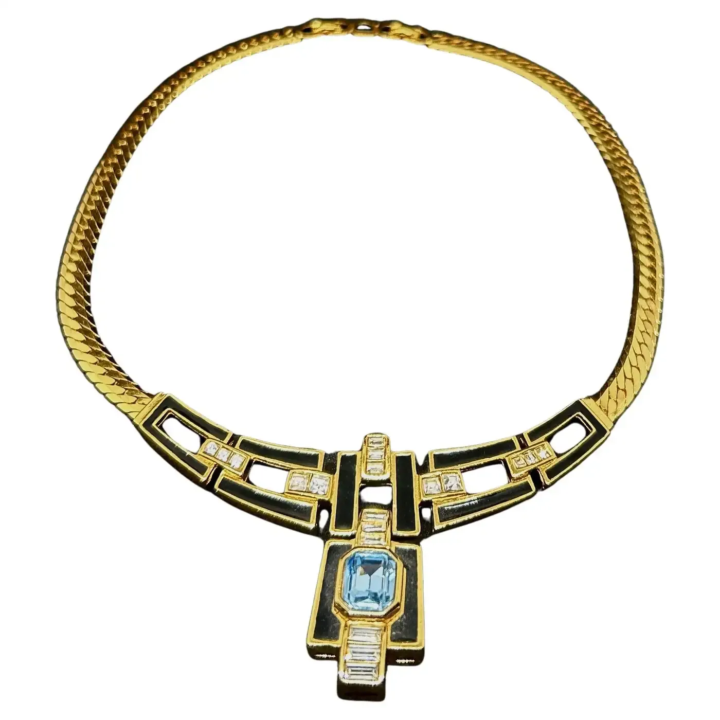 Christian Dior Art Deco Style Necklace with Blue Gemstone and Rhinestone