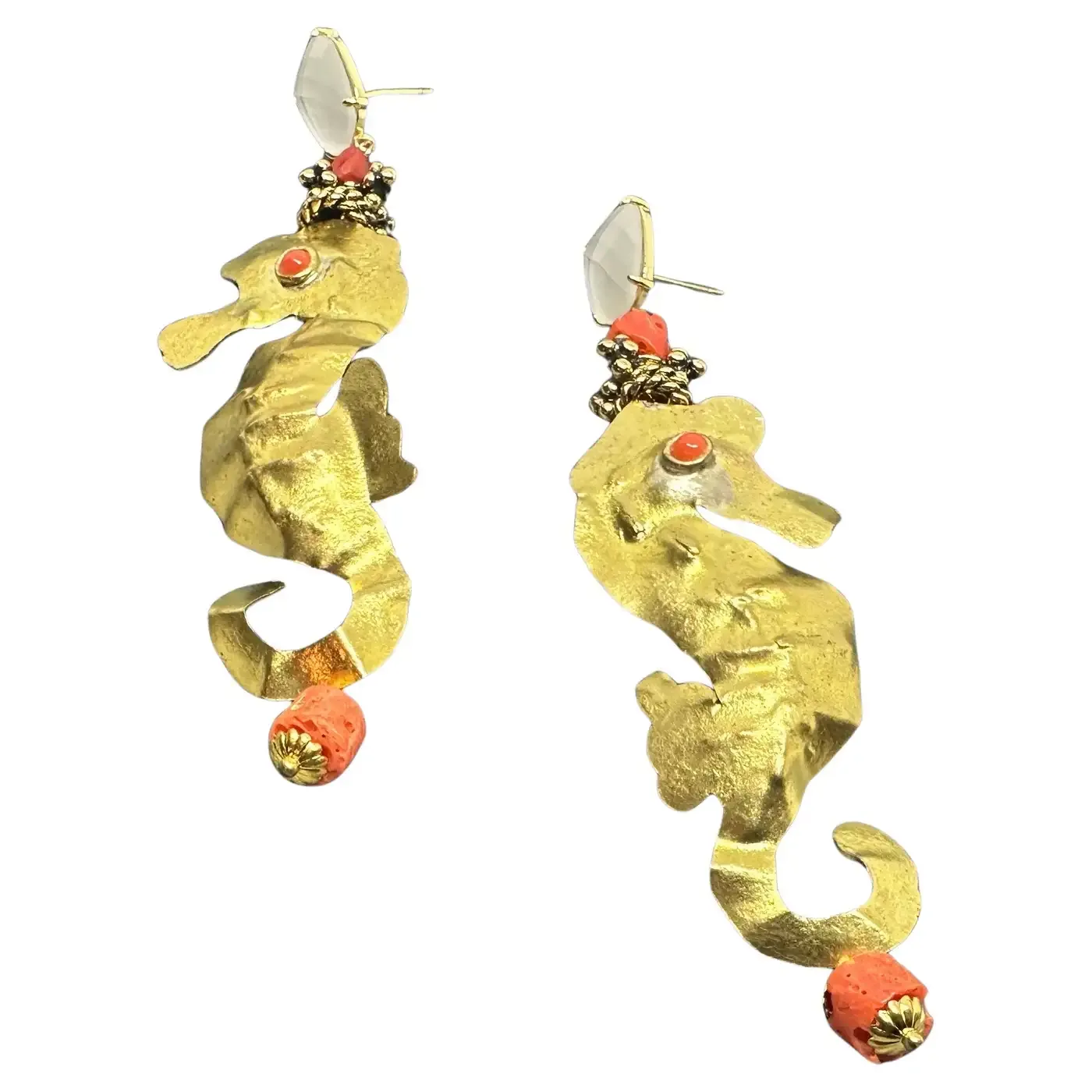 21st century Hammered Brass and Mediterranean Coral Seahorse Dangle Earrings