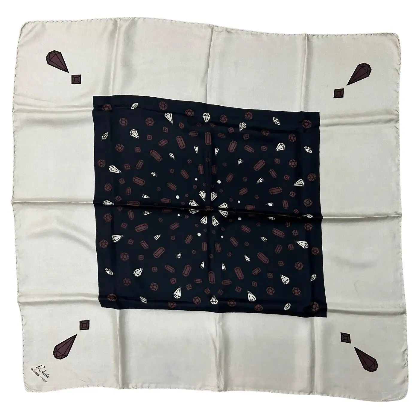 1970s Iconic White Blue and Brown Silk Italian Scarf by Roberta di Camerino