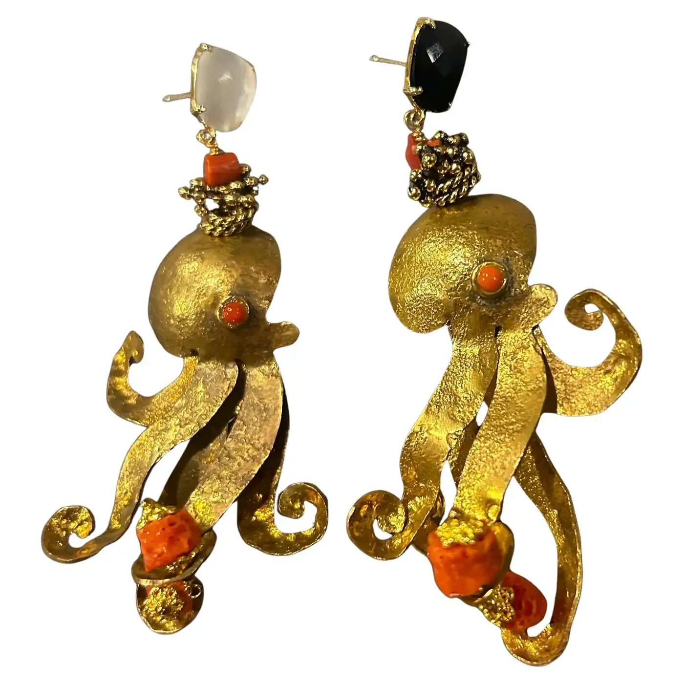Contemporary Brass and Mediterranean Coral Octopus Drop Earrings by Almala